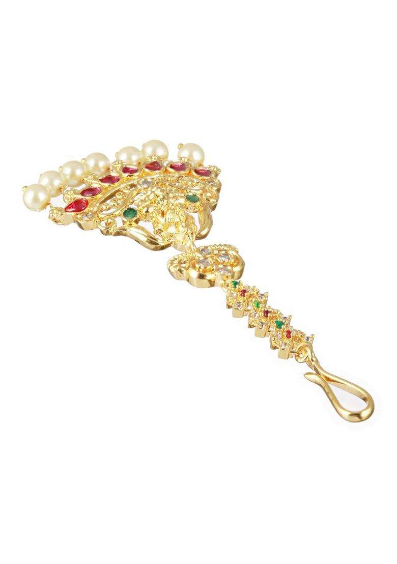 Gold-Plated AD Studded & Pearl Beaded Lakshmi Maang Tikka for Women | Traditional Temple Jewellery for Wedding & Festive Wear | Gift for Her - Indya