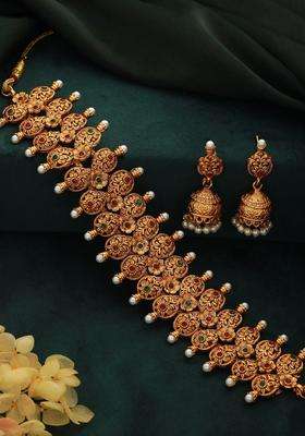 24KT Gold-Plated Stone-Studded & Beaded Temple Necklace & Earrings for Women | Traditional Temple Jewellery for Wedding & Festive Wear | Gift for Her