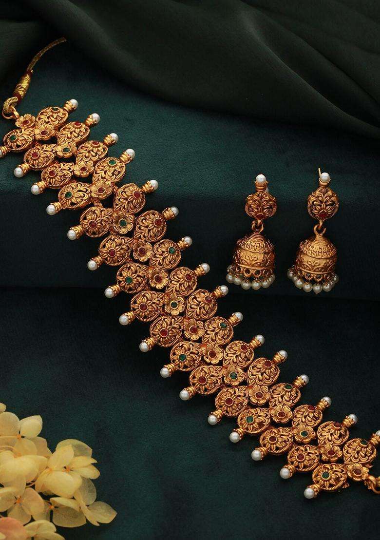 24KT Gold-Plated Stone-Studded & Beaded Temple Necklace & Earrings for Women | Traditional Temple Jewellery for Wedding & Festive Wear | Gift for Her - Indya