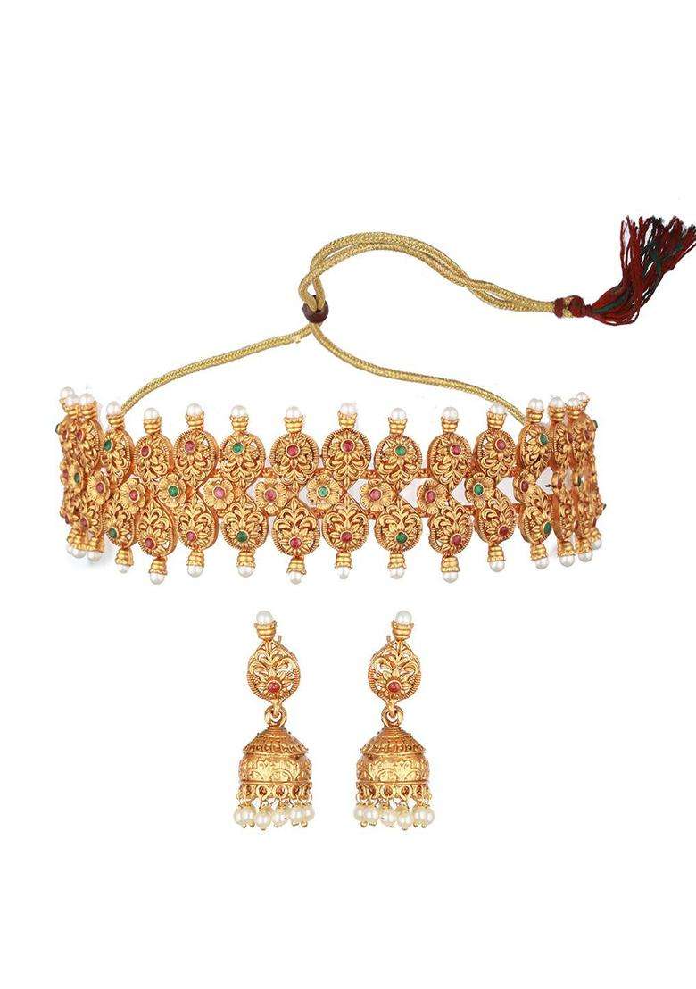 24KT Gold-Plated Stone-Studded & Beaded Temple Necklace & Earrings for Women | Traditional Temple Jewellery for Wedding & Festive Wear | Gift for Her - Indya