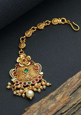 Gold-Plated Green & Red Stone-Studded Beaded Temple Maang Tikka for Women | Traditional Temple Jewellery for Wedding & Festive Wear | Gift for Her