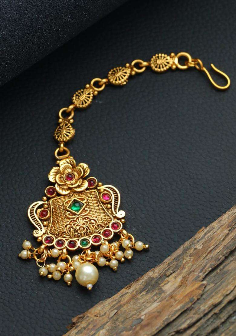 Gold-Plated Green & Red Stone-Studded Beaded Temple Maang Tikka for Women | Traditional Temple Jewellery for Wedding & Festive Wear | Gift for Her - Indya