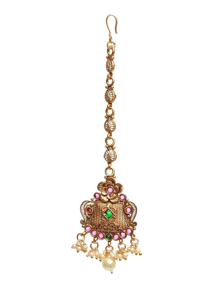 Gold-Plated Green & Red Stone-Studded Beaded Temple Maang Tikka for Women | Traditional Temple Jewellery for Wedding & Festive Wear | Gift for Her - Indya