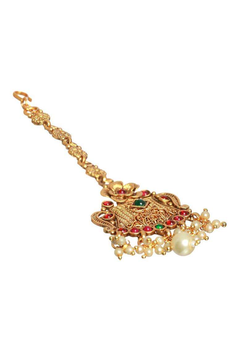 Gold-Plated Green & Red Stone-Studded Beaded Temple Maang Tikka for Women | Traditional Temple Jewellery for Wedding & Festive Wear | Gift for Her - Indya
