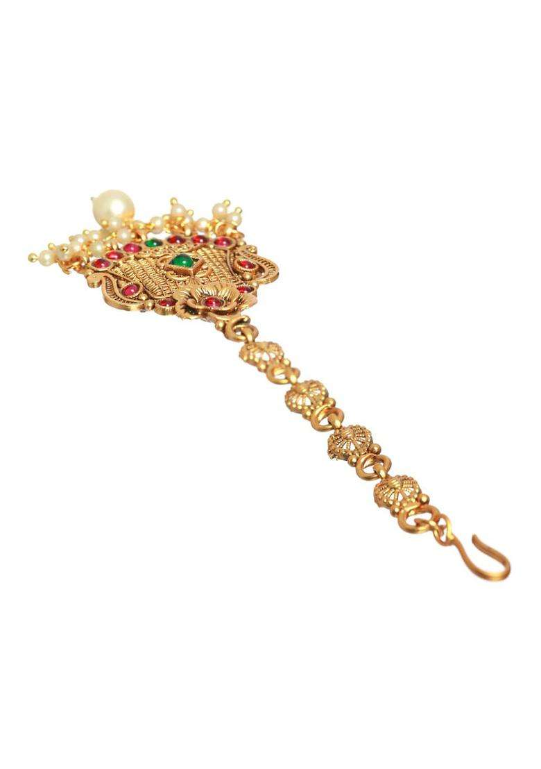 Gold-Plated Green & Red Stone-Studded Beaded Temple Maang Tikka for Women | Traditional Temple Jewellery for Wedding & Festive Wear | Gift for Her - Indya