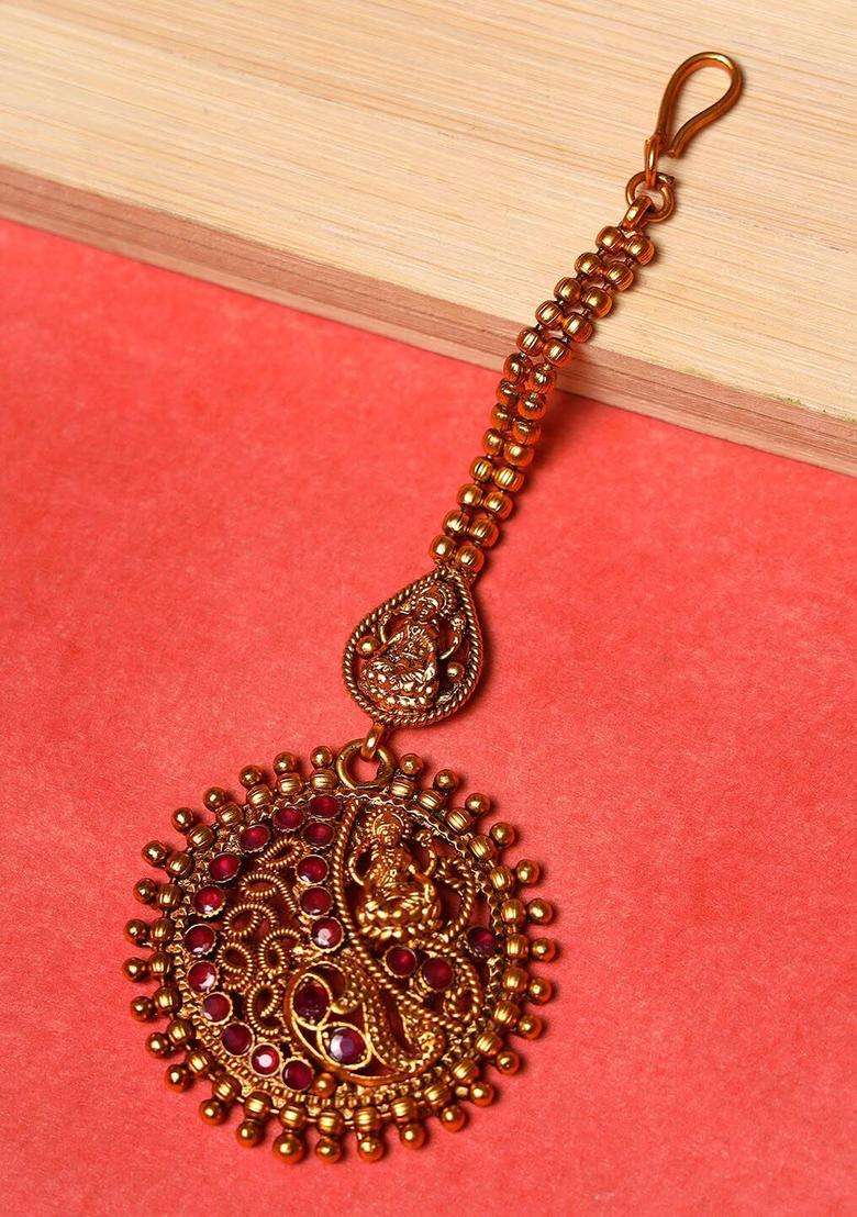 Gold-Plated Maroon Stone Studded Handcrafted Temple Maang Tikka for Women | Traditional Temple Jewellery for Wedding & Festive Wear | Gift for Her - Indya