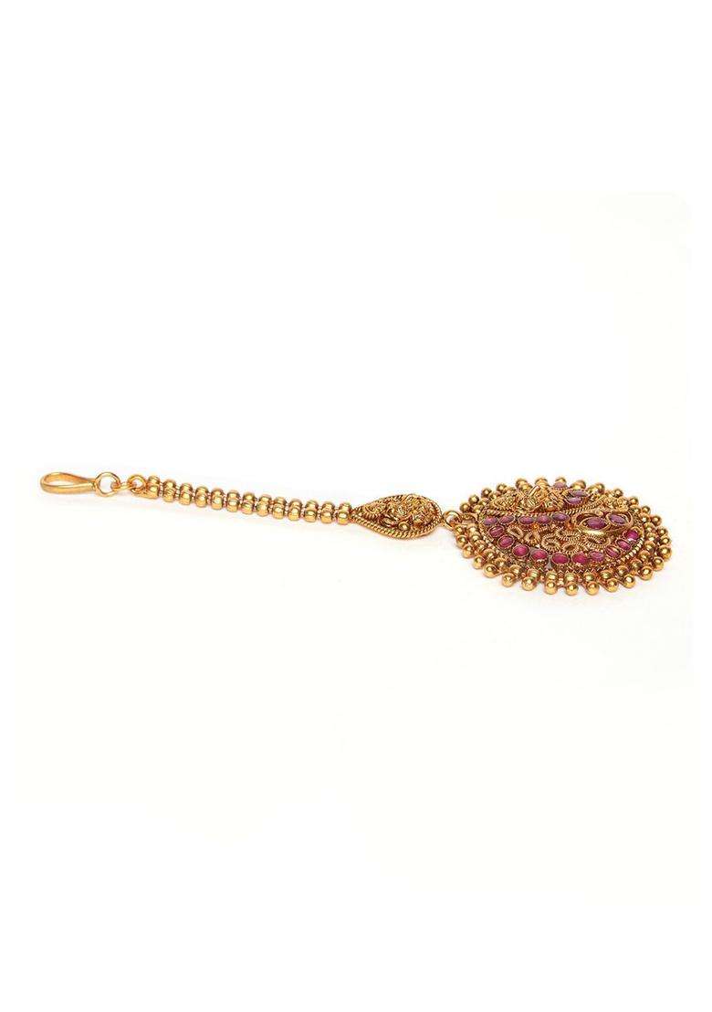 Gold-Plated Maroon Stone Studded Handcrafted Temple Maang Tikka for Women | Traditional Temple Jewellery for Wedding & Festive Wear | Gift for Her - Indya