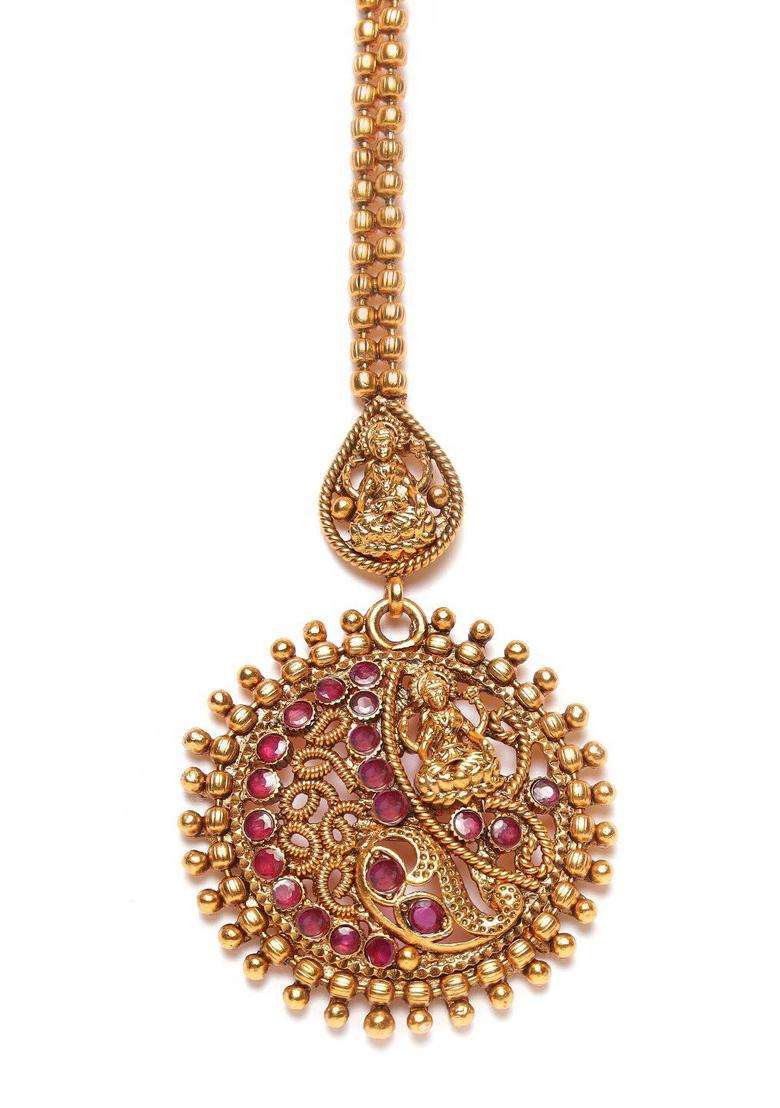 Gold-Plated Maroon Stone Studded Handcrafted Temple Maang Tikka for Women | Traditional Temple Jewellery for Wedding & Festive Wear | Gift for Her - Indya