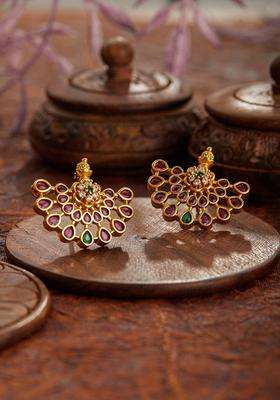 24CT Gold-Plated Ruby & American Diamond Crescent Shaped Temple Studs for Women | Traditional Temple Jewellery for Wedding & Festive Wear | Gift for Her