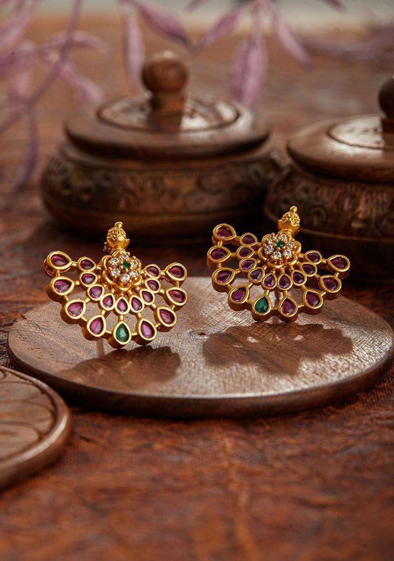 24CT Gold-Plated Ruby & American Diamond Crescent Shaped Temple Studs for Women | Traditional Temple Jewellery for Wedding & Festive Wear | Gift for Her - Indya