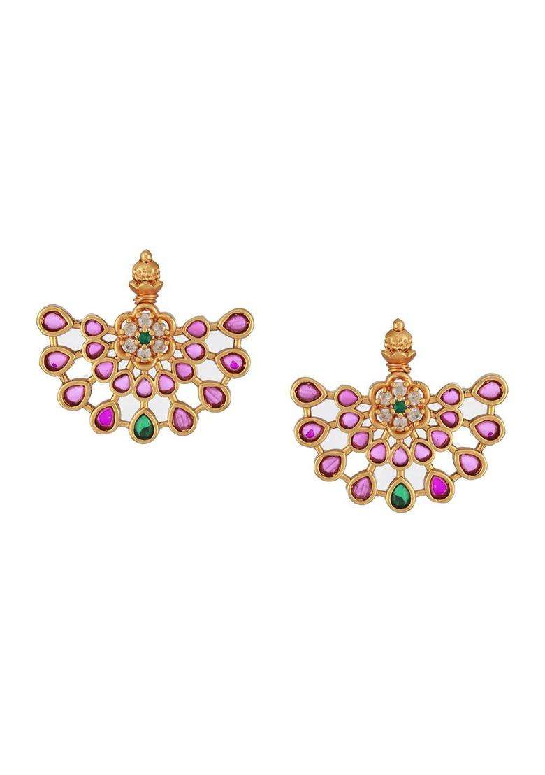 24CT Gold-Plated Ruby & American Diamond Crescent Shaped Temple Studs for Women | Traditional Temple Jewellery for Wedding & Festive Wear | Gift for Her - Indya