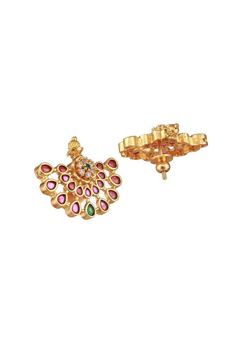 24CT Gold-Plated Ruby & American Diamond Crescent Shaped Temple Studs for Women | Traditional Temple Jewellery for Wedding & Festive Wear | Gift for Her - Indya
