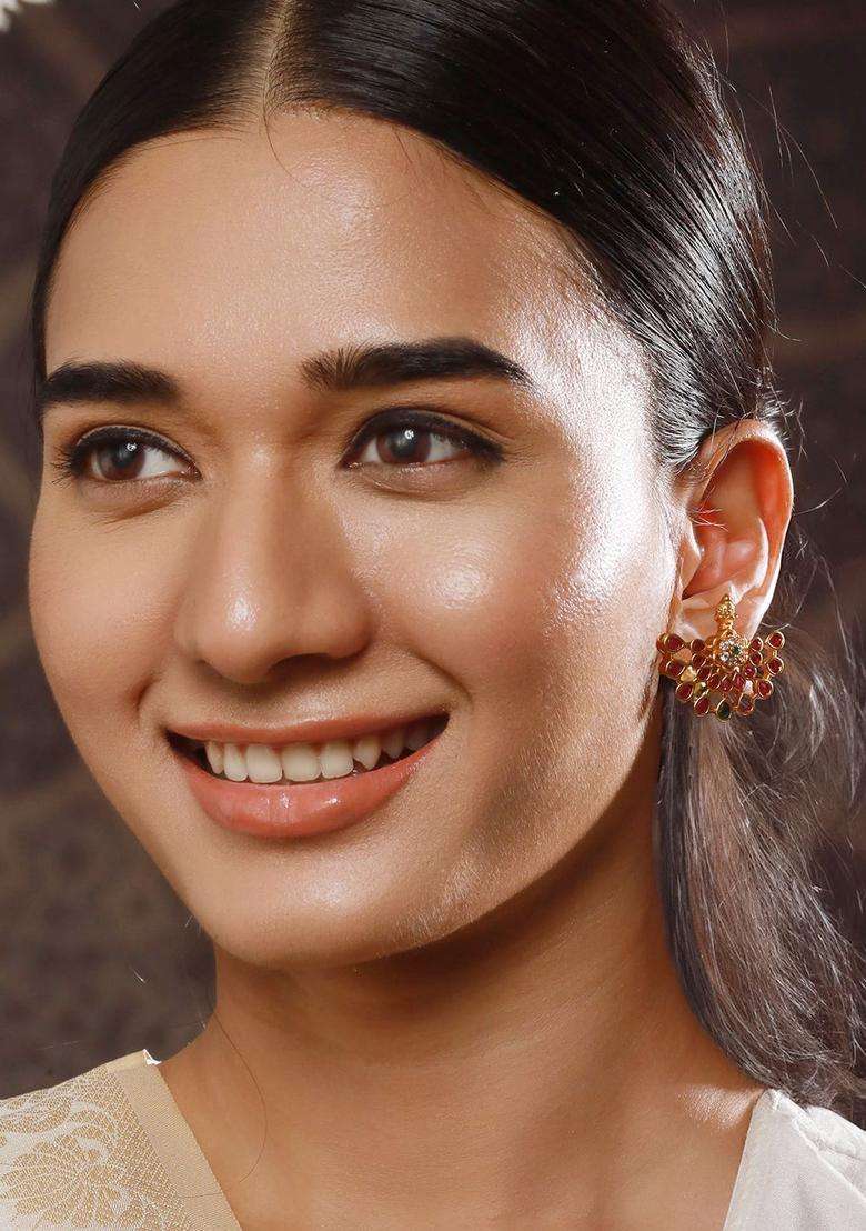 24CT Gold-Plated Ruby & American Diamond Crescent Shaped Temple Studs for Women | Traditional Temple Jewellery for Wedding & Festive Wear | Gift for Her - Indya