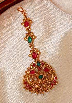 Gold-Plated Red & Green Stone-Studded Peacock Mangtikka for Women | Traditional Temple Jewellery for Wedding & Festive Wear | Gift for Her