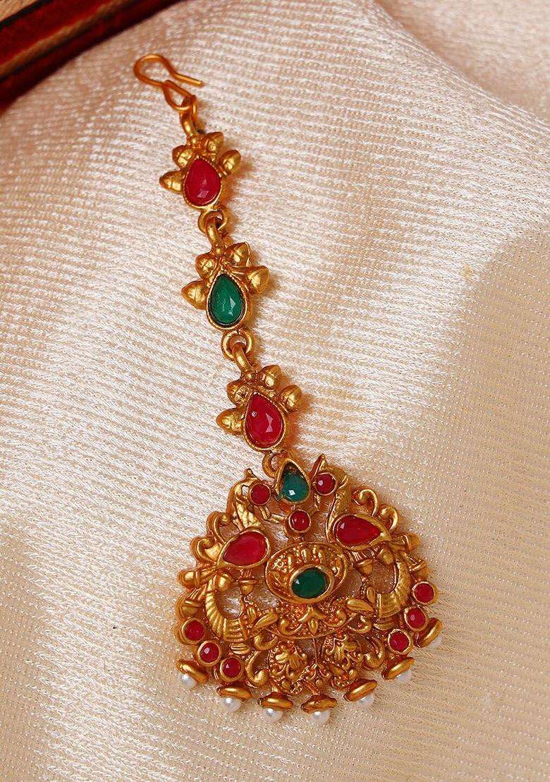 Gold-Plated Red & Green Stone-Studded Peacock Mangtikka for Women | Traditional Temple Jewellery for Wedding & Festive Wear | Gift for Her - Indya