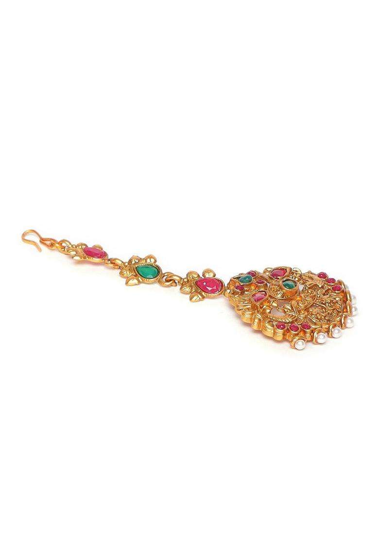 Gold-Plated Red & Green Stone-Studded Peacock Mangtikka for Women | Traditional Temple Jewellery for Wedding & Festive Wear | Gift for Her - Indya