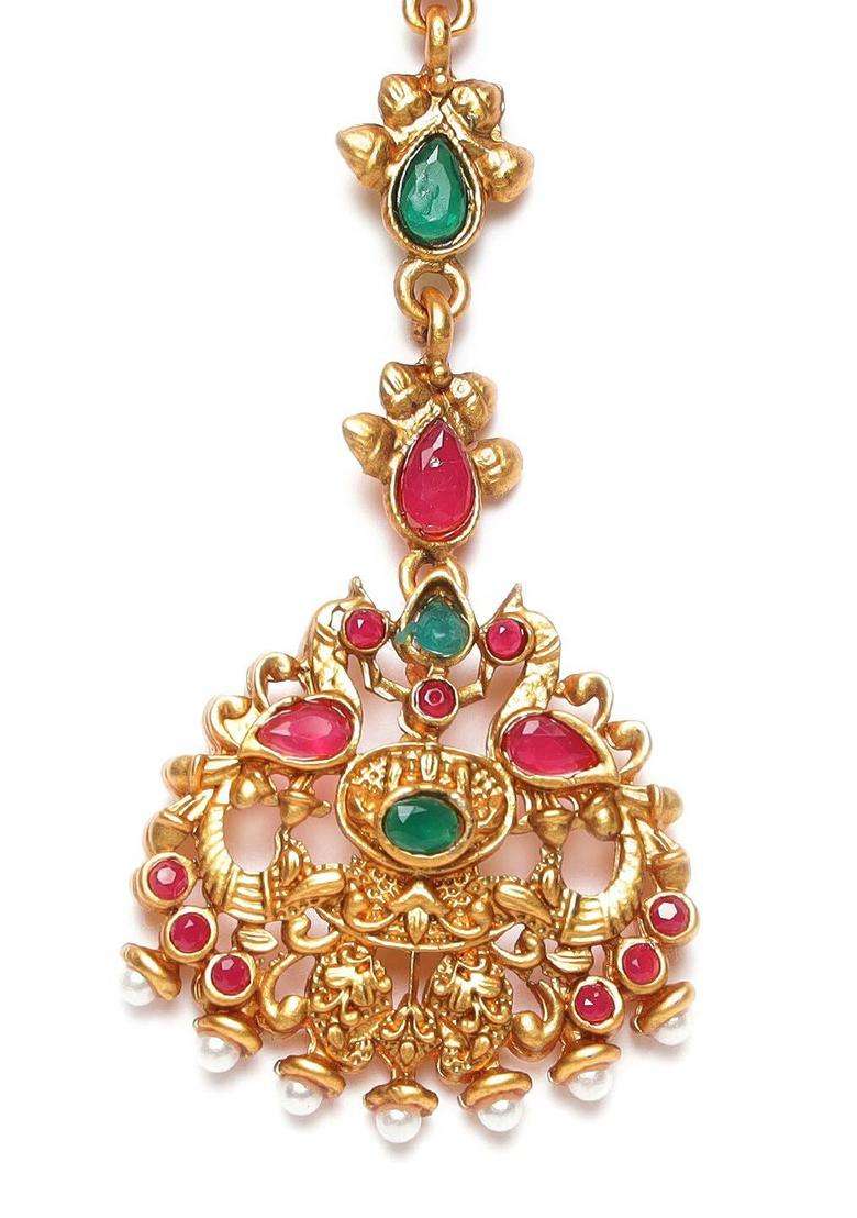 Gold-Plated Red & Green Stone-Studded Peacock Mangtikka for Women | Traditional Temple Jewellery for Wedding & Festive Wear | Gift for Her - Indya
