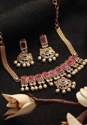 Gold-Plated American Diamond Stone Studded Temple Jewellery Set for Women | Stylish Party & Everyday Wear | Gift for Her