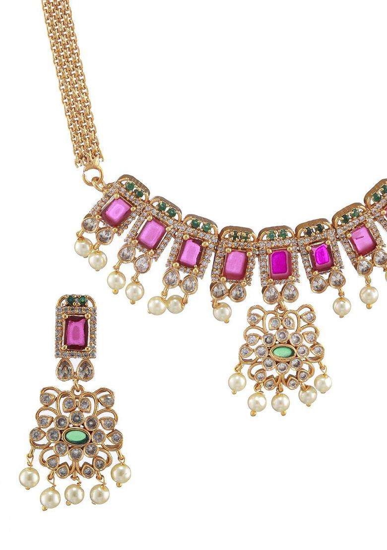 Gold-Plated American Diamond Stone Studded Temple Jewellery Set for Women | Stylish Party & Everyday Wear | Gift for Her - Indya
