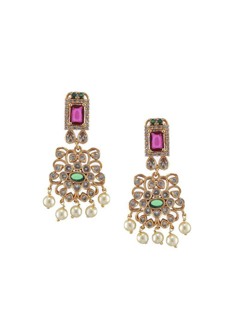 Gold-Plated American Diamond Stone Studded Temple Jewellery Set for Women | Stylish Party & Everyday Wear | Gift for Her - Indya