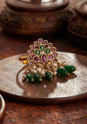 Gold-Plated Artificial Stone Studded & Beaded Finger Ring for Women | Traditional Temple Jewellery for Wedding & Festive Wear | Gift for Her