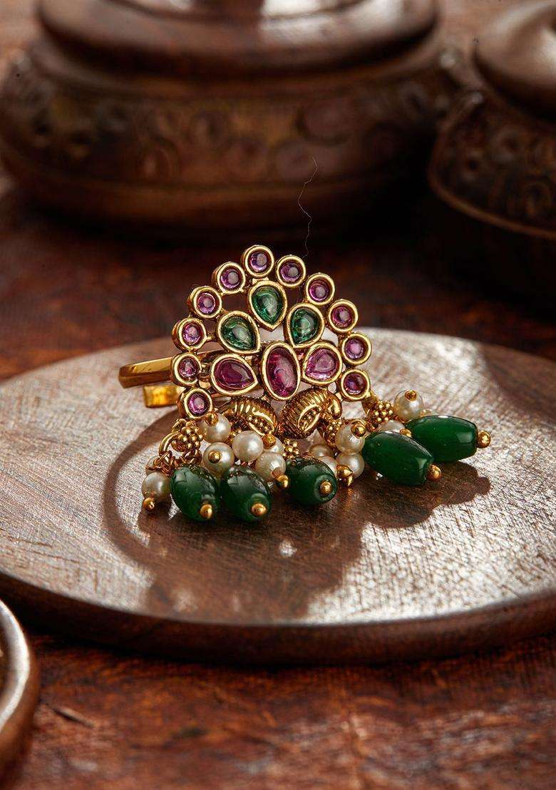 Gold-Plated Artificial Stone Studded & Beaded Finger Ring for Women | Traditional Temple Jewellery for Wedding & Festive Wear | Gift for Her - Indya