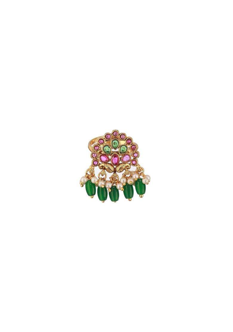 Gold-Plated Artificial Stone Studded & Beaded Finger Ring for Women | Traditional Temple Jewellery for Wedding & Festive Wear | Gift for Her - Indya