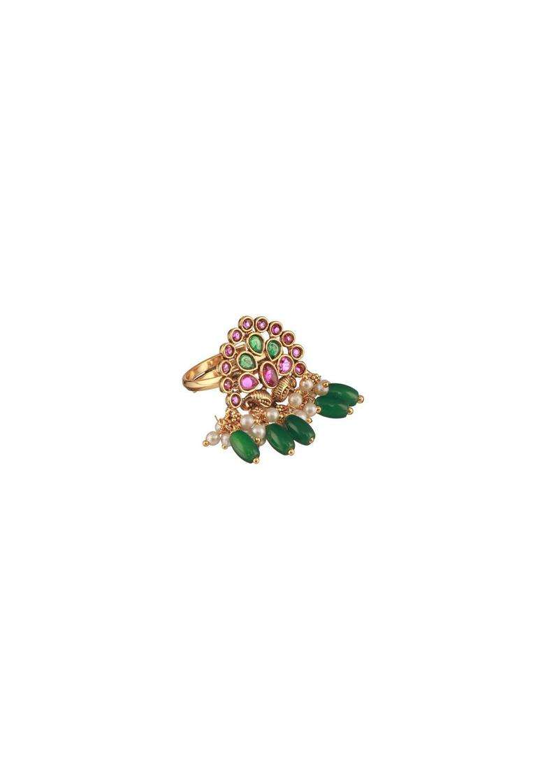 Gold-Plated Artificial Stone Studded & Beaded Finger Ring for Women | Traditional Temple Jewellery for Wedding & Festive Wear | Gift for Her - Indya