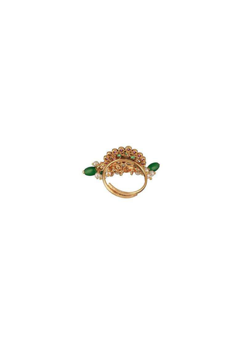 Gold-Plated Artificial Stone Studded & Beaded Finger Ring for Women | Traditional Temple Jewellery for Wedding & Festive Wear | Gift for Her - Indya
