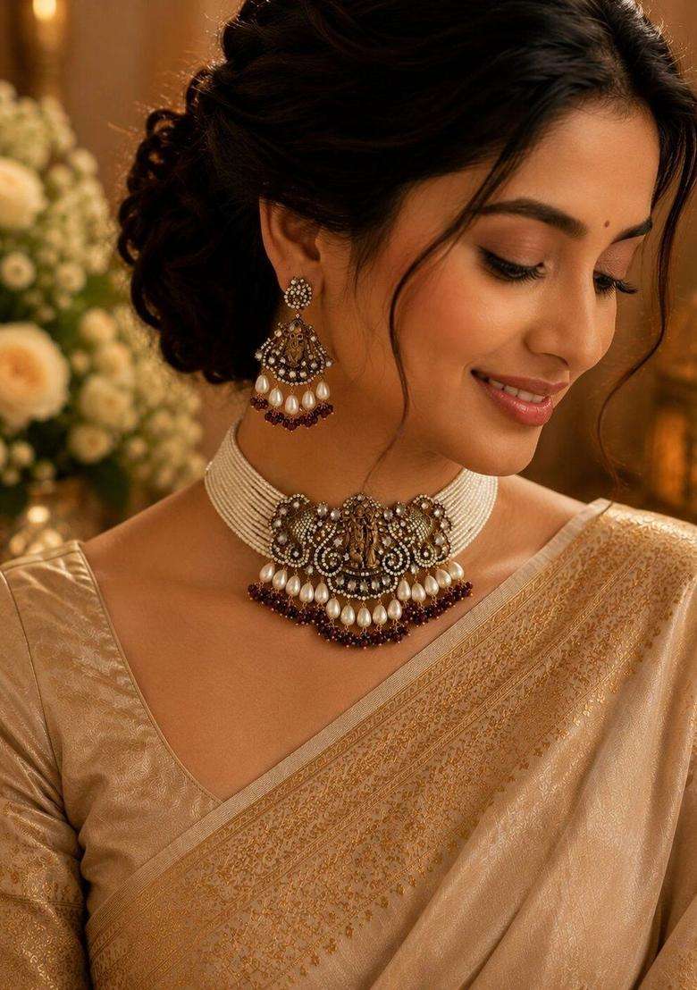 Gold-Plated Temple Necklace with Pearl for Women | Traditional Temple Jewellery for Wedding & Festive Wear | Gift for Her - Indya