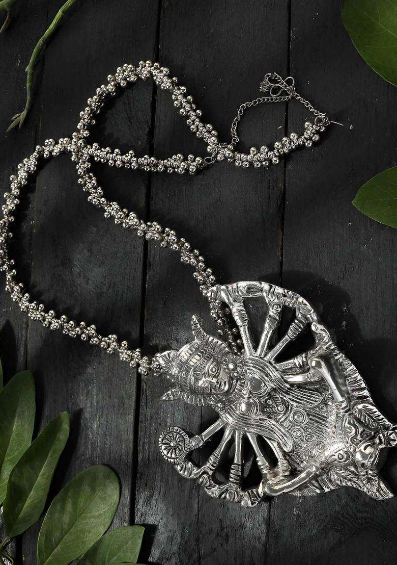 Silver-Plated Ghungroo Beaded Kali Mata Necklace with Earrings for Women | Traditional Temple Jewellery for Wedding & Festive Wear | Gift for Her - Indya