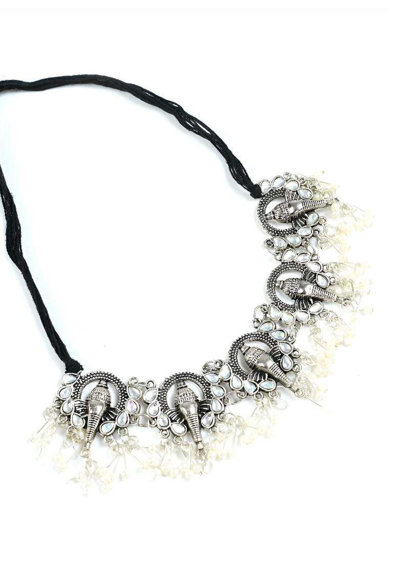 Silver-Plated Stones Studded & Pearls Beaded Temple Choker Necklace & Earrings for Women | Traditional Temple Jewellery for Wedding & Festive Wear | Gift for Her - Indya