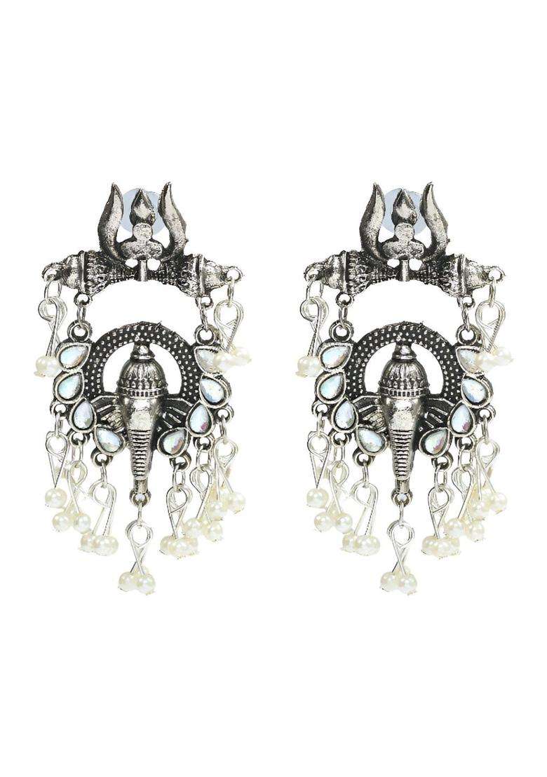Silver-Plated Stones Studded & Pearls Beaded Temple Choker Necklace & Earrings for Women | Traditional Temple Jewellery for Wedding & Festive Wear | Gift for Her - Indya