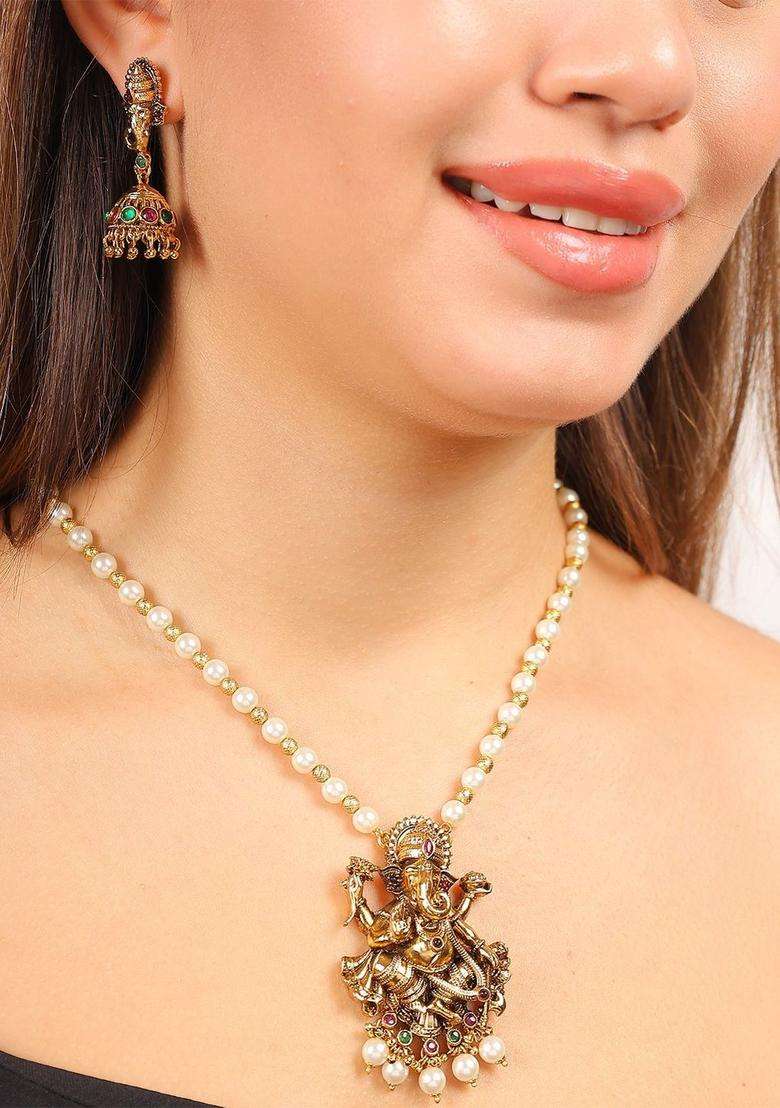 Gold-Plated Artificial Stones Studded & Beaded Temple Jewellery Set for Women | Traditional Temple Jewellery for Wedding & Festive Wear | Gift for Her - Indya