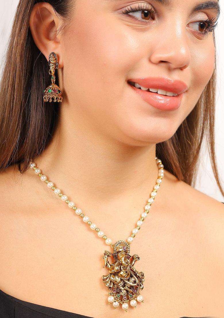Gold-Plated Artificial Stones Studded & Beaded Temple Jewellery Set for Women | Traditional Temple Jewellery for Wedding & Festive Wear | Gift for Her - Indya