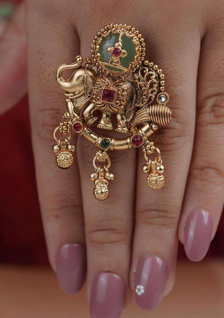 Gold-Plated Stones -Studded Finger Ring for Women | Traditional Temple Jewellery for Wedding & Festive Wear | Gift for Her - Indya