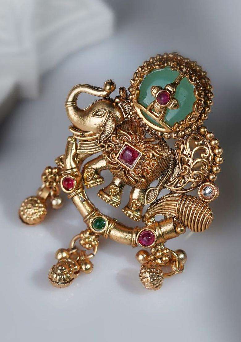 Gold-Plated Stones -Studded Finger Ring for Women | Traditional Temple Jewellery for Wedding & Festive Wear | Gift for Her - Indya