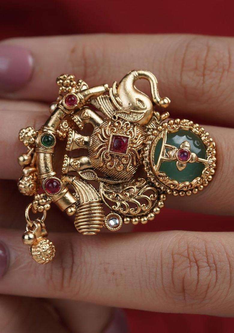 Gold-Plated Stones -Studded Finger Ring for Women | Traditional Temple Jewellery for Wedding & Festive Wear | Gift for Her - Indya