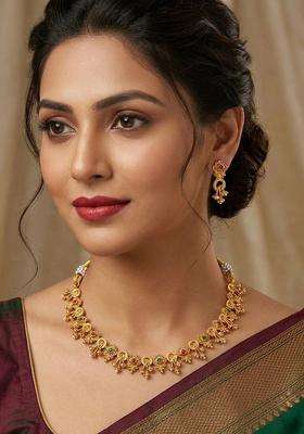 Gold-Plated Temple Stone-Studded Necklace and Earrings for Women | Traditional Temple Jewellery for Wedding & Festive Wear | Gift for Her