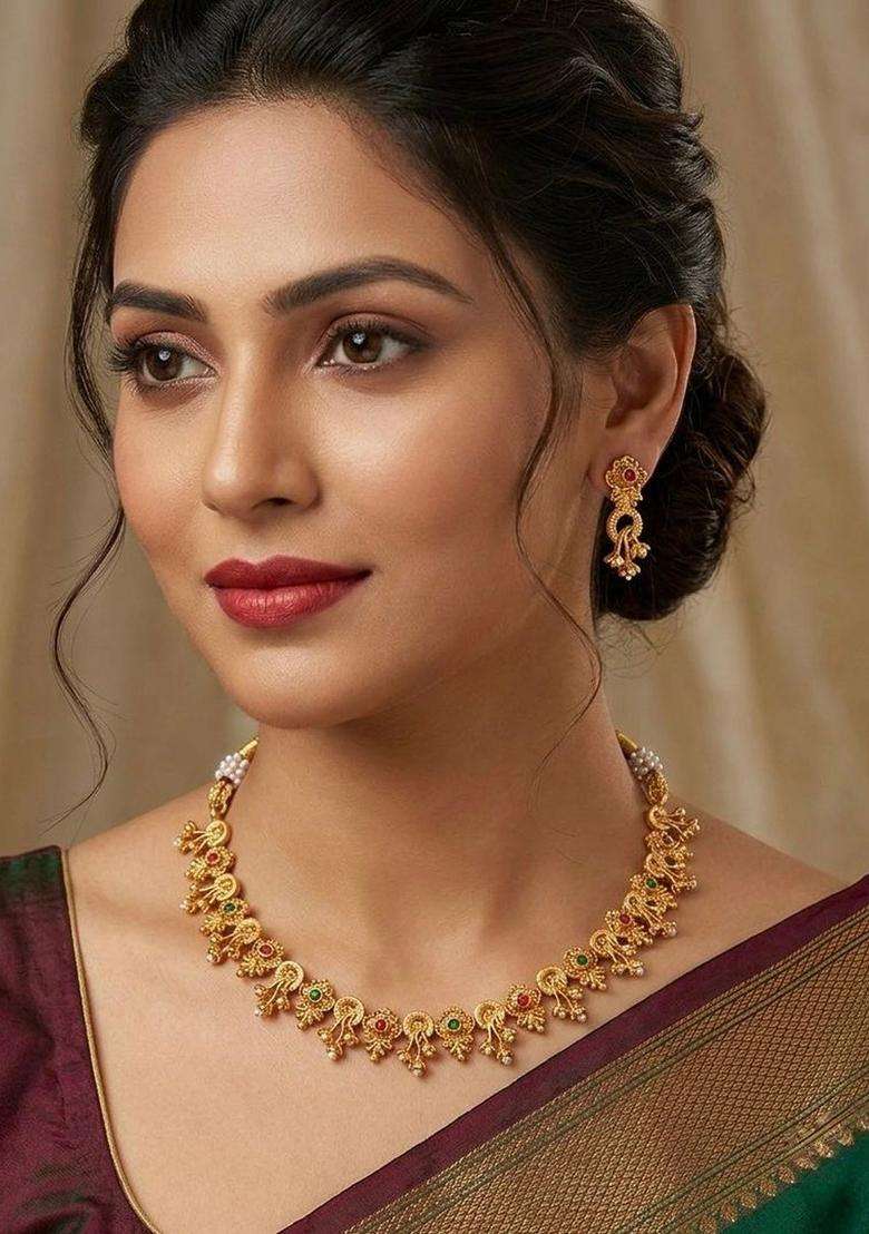 Gold-Plated Temple Stone-Studded Necklace and Earrings for Women | Traditional Temple Jewellery for Wedding & Festive Wear | Gift for Her - Indya