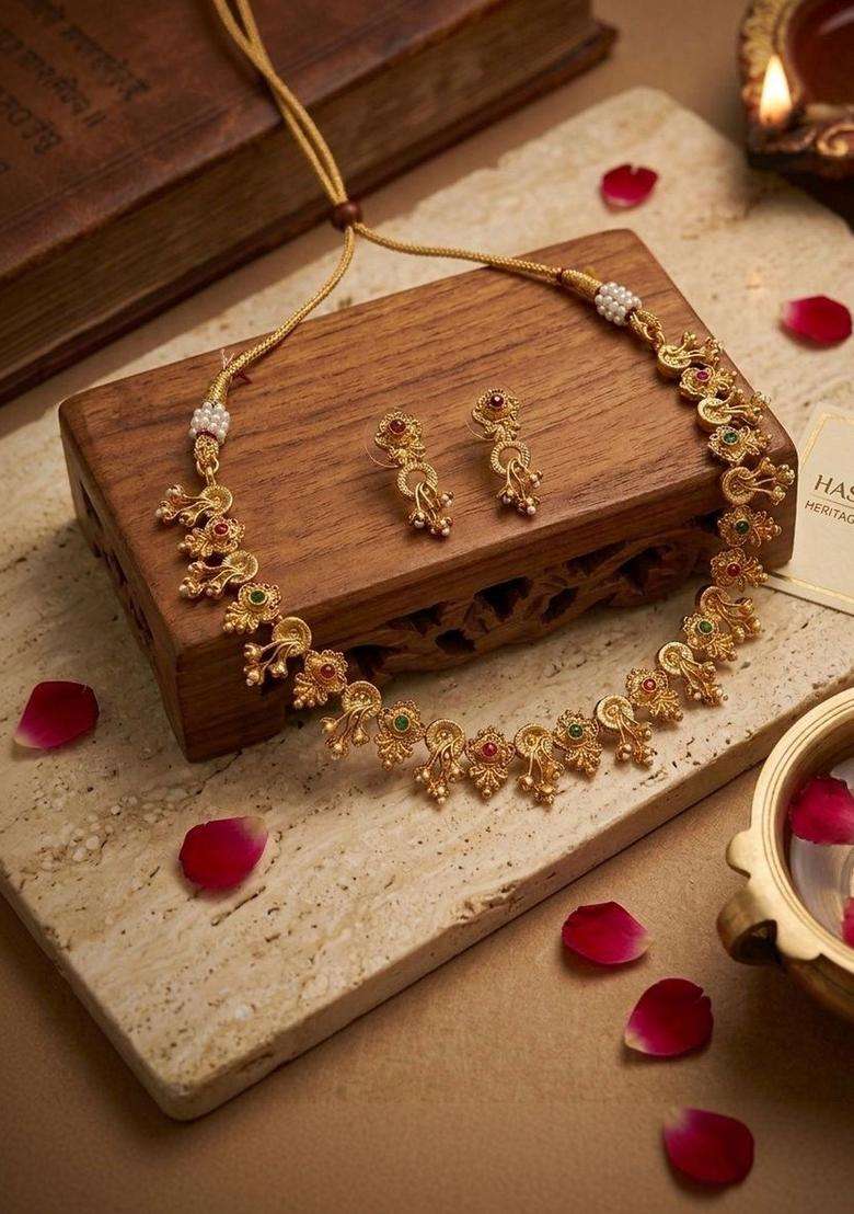 Gold-Plated Temple Stone-Studded Necklace and Earrings for Women | Traditional Temple Jewellery for Wedding & Festive Wear | Gift for Her - Indya