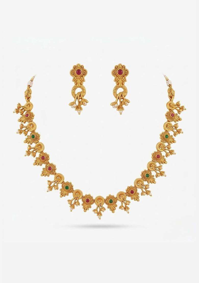 Gold-Plated Temple Stone-Studded Necklace and Earrings for Women | Traditional Temple Jewellery for Wedding & Festive Wear | Gift for Her - Indya