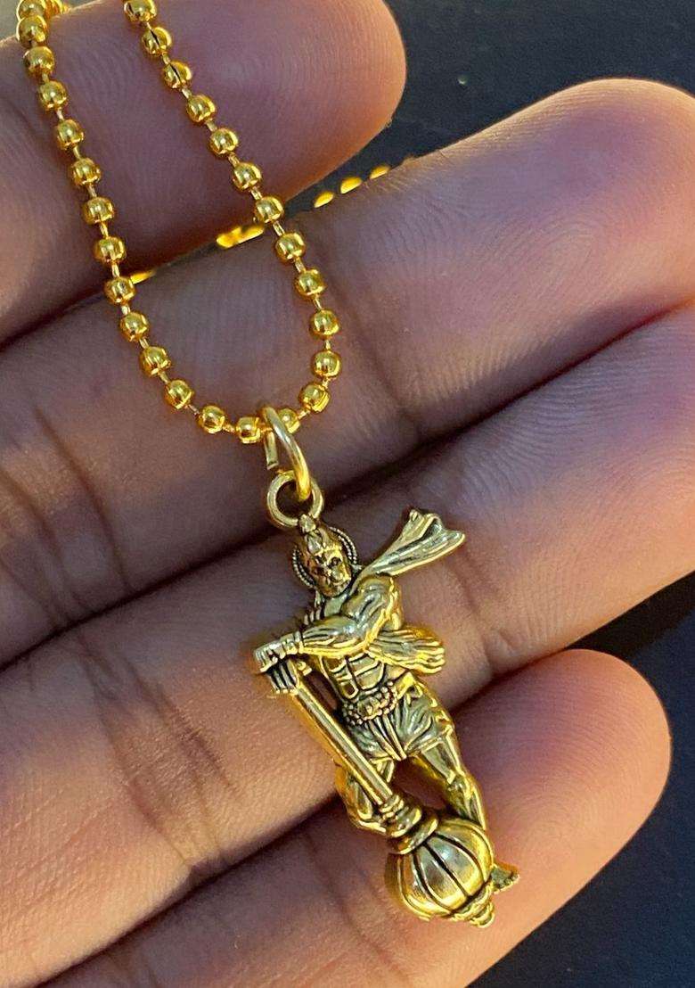 Gold-Plated Temple Hanuman Ji Design Pendant with Chain for Men & Women | Traditional Temple Jewellery for Wedding & Festive Wear | Festive Gift - Indya