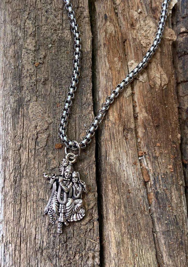 Rhodium-Plated Krishna Radha Pendant with Box Chain for Men & Women | Traditional Temple Jewellery for Wedding & Festive Wear | Festive Gift - Indya