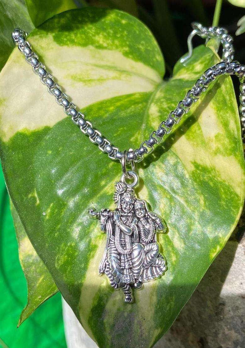 Rhodium-Plated Krishna Radha Pendant with Box Chain for Men & Women | Traditional Temple Jewellery for Wedding & Festive Wear | Festive Gift - Indya