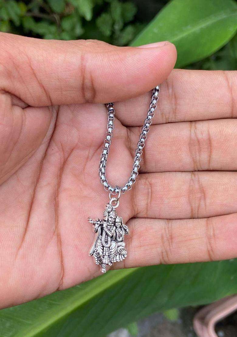 Rhodium-Plated Krishna Radha Pendant with Box Chain for Men & Women | Traditional Temple Jewellery for Wedding & Festive Wear | Festive Gift - Indya