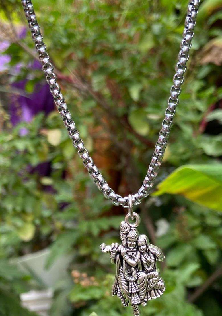 Rhodium-Plated Krishna Radha Pendant with Box Chain for Men & Women | Traditional Temple Jewellery for Wedding & Festive Wear | Festive Gift - Indya