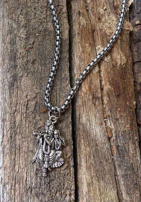Rhodium-Plated Krishna Radha Pendant with Box Chain for Men & Women | Traditional Temple Jewellery for Wedding & Festive Wear | Festive Gift