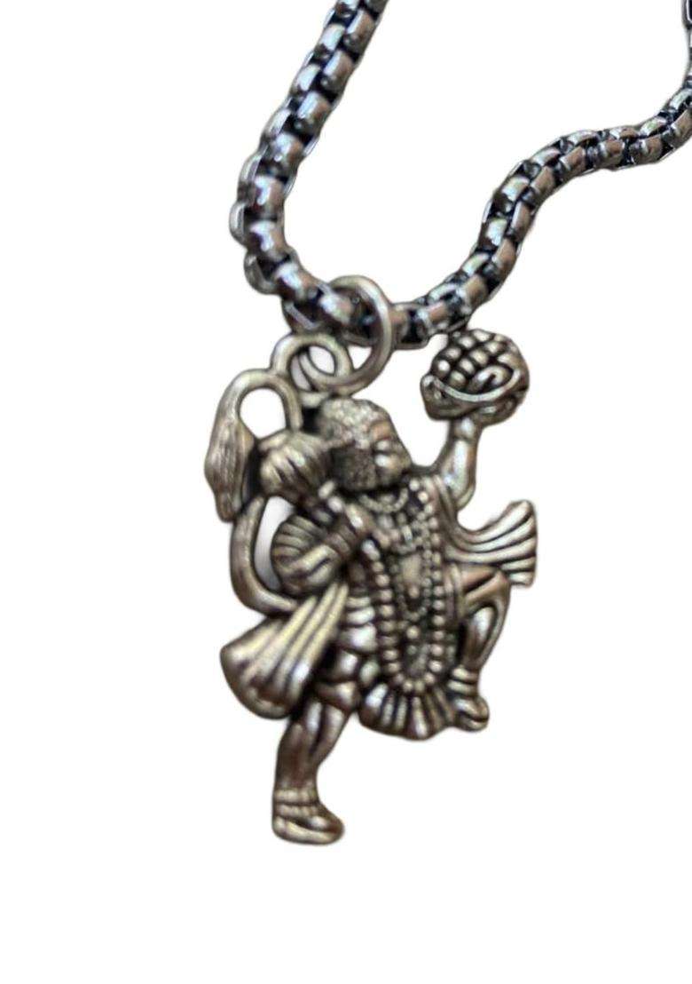 Rhodium-Plated Silver-Toned Hanuman Pendant with Box Chain for Men & Women | Traditional Temple Jewellery for Wedding & Festive Wear | Festive Gift - Indya