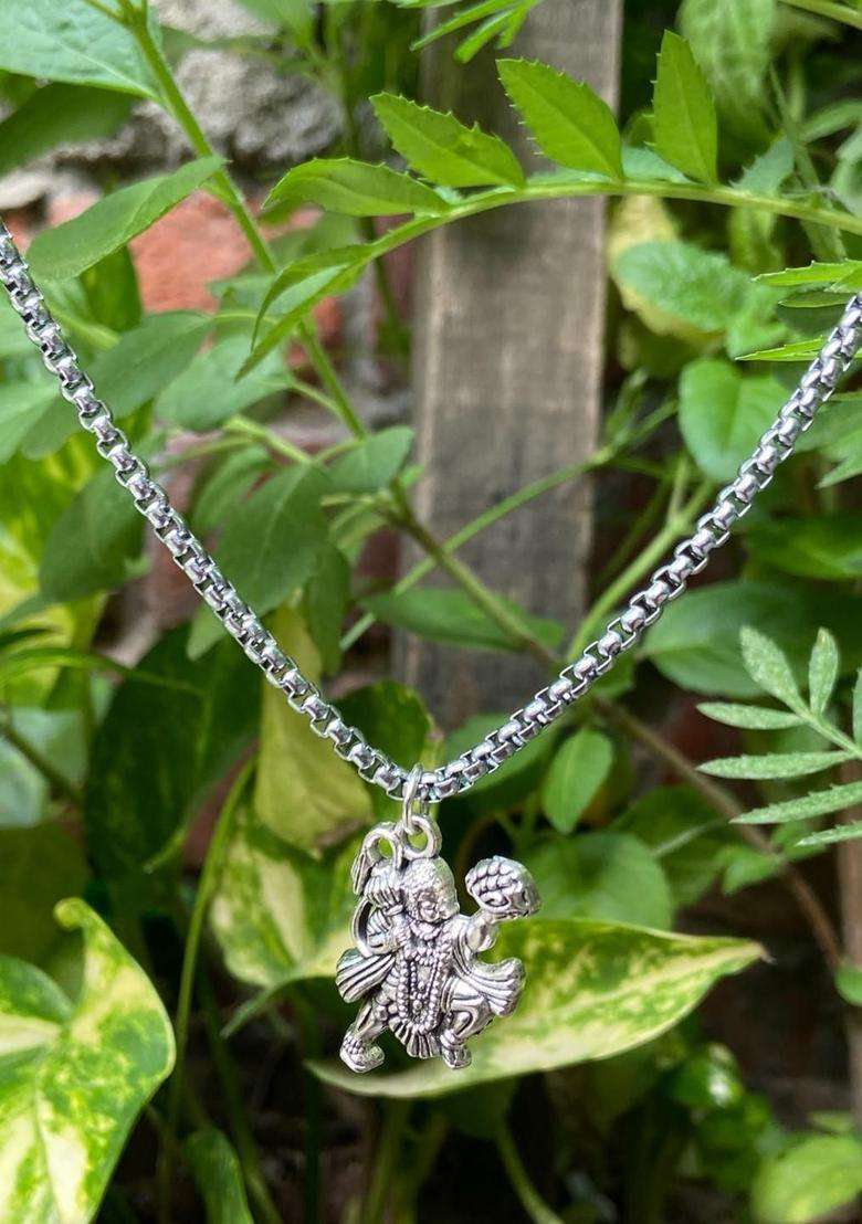 Rhodium-Plated Silver-Toned Hanuman Pendant with Box Chain for Men & Women | Traditional Temple Jewellery for Wedding & Festive Wear | Festive Gift - Indya